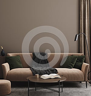 Home interior mock-up with modern brown sofa, table and decor in living room