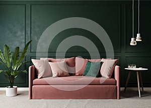 Home interior mock-up with pink sofa, table and decor in green living room, 3d rendering