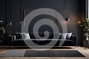 Home interior mock-up with sofa and decor, black stylish loft living room.