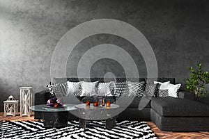 Home interior mock-up with sofa and decor, black stylish loft living room photo