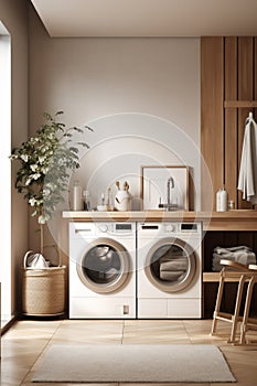 Home interior mockup: beige laundry room, washing machine, wood furniture, Scandinavian style, Generative AI. Minimalist frame on