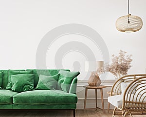 Home interior mockup, green comfortable sofa on empty white wall with wooden furniture