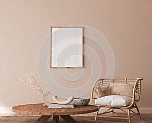 Home interior mockup, living room in cozy warm colors with rattan wooden furniture