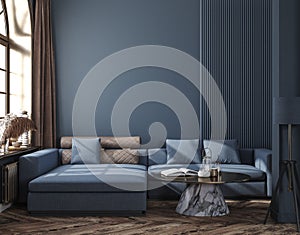Home interior, modern dark blue living room interior, empty wall mock up