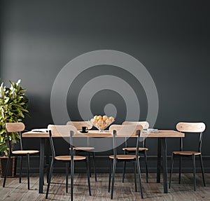 Home interior, modern dark dining room interior, black empty wall mock up