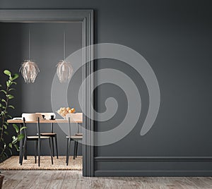 Home interior, modern dark dining room interior, black empty wall mock up