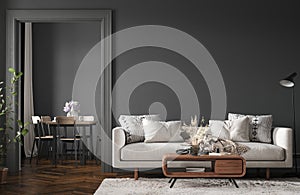 Home interior, modern dark living room interior, black empty wall mock up