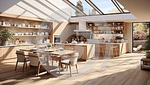 Home interior with open plan kitchen and dining area. Created with Generative AI