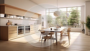 Home interior with open plan kitchen and dining area. Created with Generative AI