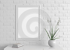 Home interior poster frame mock up on white brick wall. 3d illus