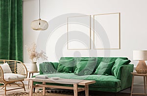 Home interior with poster frame mockup, green comfortable sofa on white wall with wooden furniture