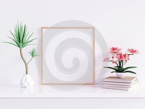 Home interior poster mock up with square metal frame and plants in pots on white wall background. 3D rendering illustration