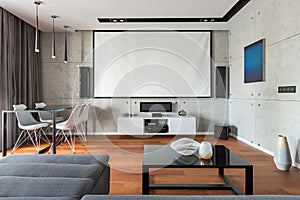 Home interior with projector scree