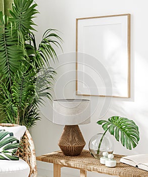 Home interior with rattan chairs, flowers and poster mockup