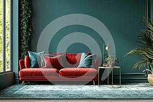 Home interior with red sofa, table and decor in green living room, 3d render.