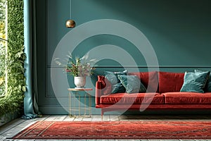 Home interior with red sofa, table and decor in green living room, 3d render.