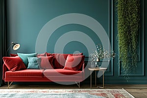 Home interior with red sofa, table and decor in green living room, 3d render.