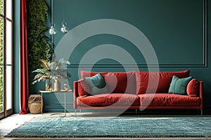 Home interior with red sofa, table and decor in green living room, 3d render.