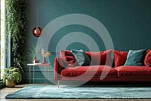 Home interior with red sofa, table and decor in green living room, 3d render.