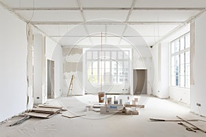 Home interior renovation. Unfinished house construction. Old flat, apartment or office during restoration.