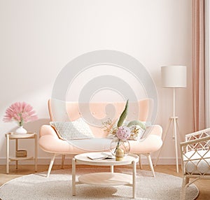 Home interior, room in light pastel colors, Scandi-Boho style
