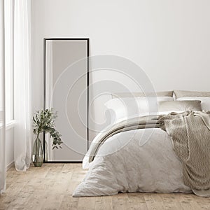home interior, scandinavian style bedroom mock up, bed close up, 3d rendering.