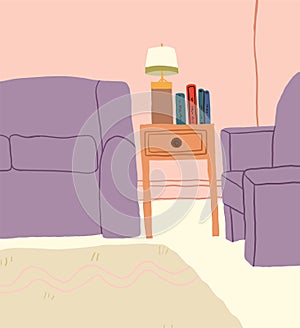 Home interior scene. Cozy living room interior in cartoon vector style. Couches, coffee table with books and lamp.