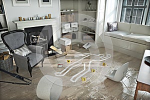 Home invasion , crime scene in a wrecked furnished home photo