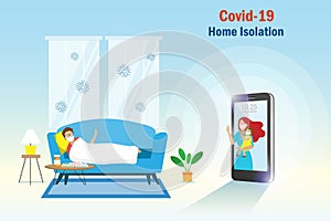 Home isolation, Covid-19 sick patient lay down on sofa online talking with family and kid on smart phone. Physical distancing,