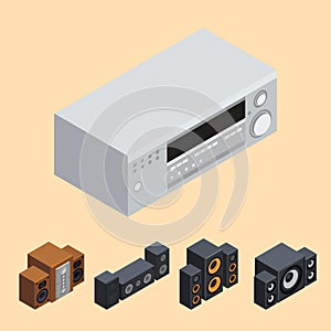 Home isometric sound system stereo acoustic 3d vector music loudspeakers player subwoofer equipment technology.