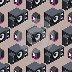 Home isometric sound system stereo acoustic 3d vector seamless pattern music loudspeakers player subwoofer equipment