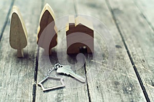 Home key with house keychain and wooden tree and home mockup on vintage wood background, property concept