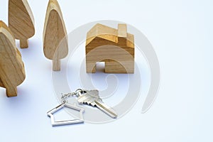 Home key with house keychain and wooden tree mock up on white background, property concept
