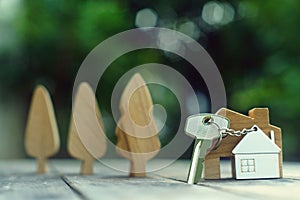 Home key with house keychain and wooden treen and home mock up on vintage wood background, property concept