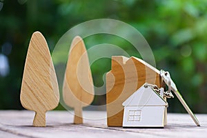 Home key with house keychain and wooden treen and home mock up on vintage wood background, property concept