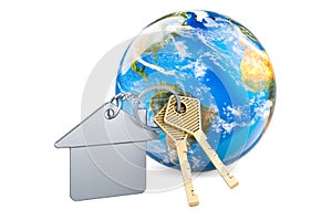 Home key with keychain with Earth Globe, 3D rendering