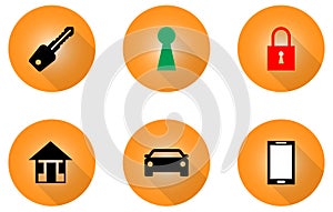 Home Key Keyhole Lock Mobile and Car symbol  in orange circle on white background