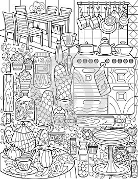 Home Kitchen Doodle Stove Pot Holder Table Tea Set Dining Colorless Line Drawing. Mutiple Cooking Supplies Roller Round