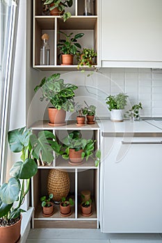 Home kitchen interior with green plants epipremnum, monstera, pilea, dischidia, philodendron