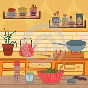 Home kitchen with kitchenware utensils, shelves, herbs and spices on wooden table vector illustration, design element