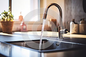 Home kitchen sink and water flowing from faucet, sunlit window in background