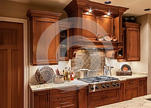 Home Kitchen Stove Top Range and Cabinets in New Luxury House