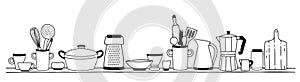 Home kitchen utensils for cooking, tools for food preparation or cookware standing on shelf hand drawn with black photo