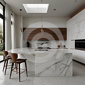 kitchen Contemporary minimal white kitchen with marble and wood details photo