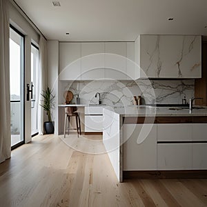 kitchen Contemporary minimal white kitchen with marble and wood details new photo