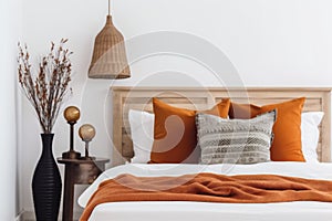 home lamp interior orange autumn decor modern fall bed pillow design. Generative AI.