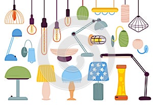 Home lamps collection. Interior sketch lamp with lampshade, contemporary light chandelier. Cartoon ceiling lighting