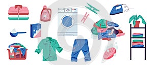 Home laundry. Cartoon dirty laundry in washing machine, laundry basket with clothes, detergent washer and bleach. Vector