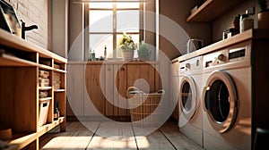 Home laundry room furniture with modern washing machine. Generative AI