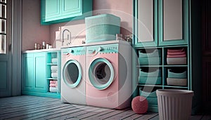 Home laundry room furniture with modern washing machine. Generative AI